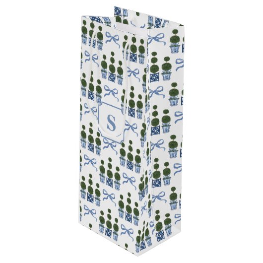 Chinoiserie Topiary Tree Blue Bow Wijn Cadeautas (Voorkant Gekanteld)