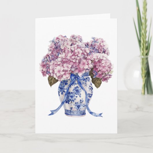 Chinoiserie Vaas Hydrangea Bloemen Blank Groet Kaart (Voorkant)