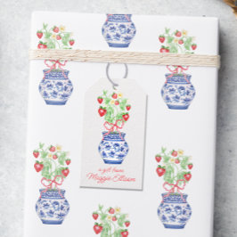 Chinoiserie Vaas van rode aardbeien gepersonalisee Cadeaulabel