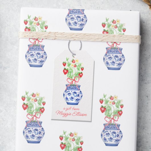 Chinoiserie Vaas van rode aardbeien gepersonalisee Cadeaulabel