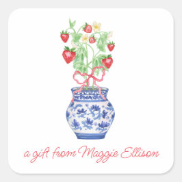 Chinoiserie Vaas van Rode Aardbeien Gift Vierkante Sticker