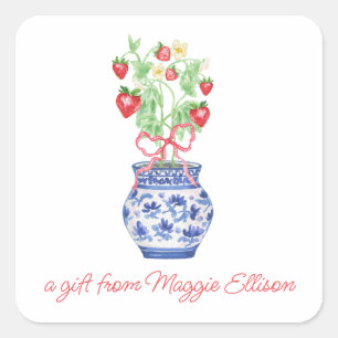 Chinoiserie Vaas van Rode Aardbeien Gift Vierkante Sticker