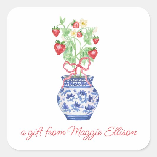 Chinoiserie Vaas van Rode Aardbeien Gift Vierkante Sticker (Voorkant)