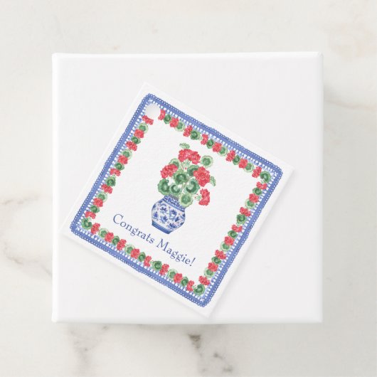 Chinoiserie Vaas van Rode Geraniums Bedankjes Labels (In situ)