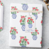 Chinoiserie Vaas van rode geraniums gepersonalisee Cadeaulabel