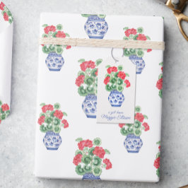 Chinoiserie Vaas van rode geraniums gepersonalisee Cadeaulabel