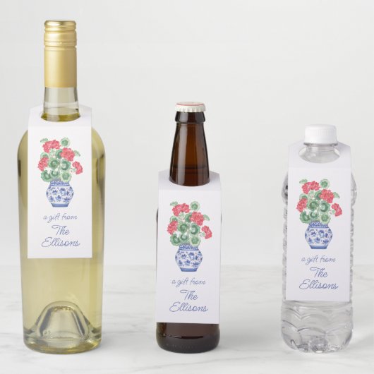 Chinoiserie Vaas van rode geraniums gepersonalisee Flessenhanger (In situ)