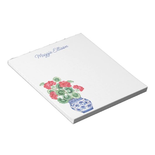 Chinoiserie Vaas van rode geraniums gepersonalisee Notitieblok (Schuin)