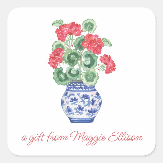 Chinoiserie Vaas van Rode Geraniums Gift Vierkante Sticker (Voorkant)