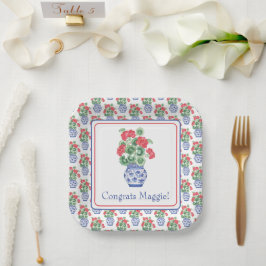 Chinoiserie Vaas van Rode Geraniums Papieren Bordje