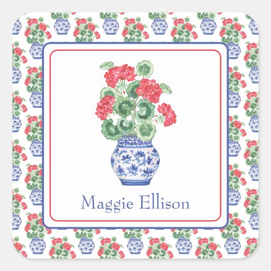 Chinoiserie Vaas van Rode Geraniums Vierkante Sticker (Voorkant)
