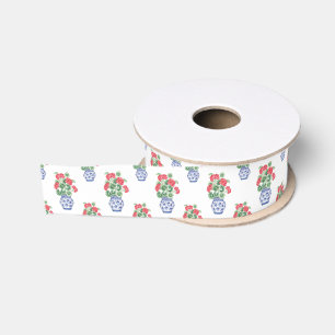 Chinoiserie Vazen van rode geraniums Grosgrain Lint