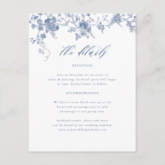 Chinoiserie Victoriaanse Stofblauwe Trouwdetails Informatiekaartje (Voorkant)