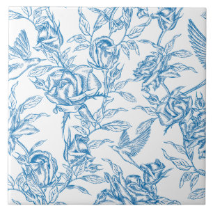 Chinoiserie Vintage Blauwe Roos Bloemenvogel Tegeltje
