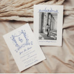 Chinoiserie Vintage bruiloft Save The Date<br><div class="desc">Introductie van de perfecte manier om uw aankomende huwelijken aan te kondigen met onze dubbelzijdige bruiloft bewaar de datumkaart! Deze kaart is voorzien van een prachtige chinoiserie geïnspireerd monogram bruiloft crest in de kleur blauw op de voorkant met een grillig botanisch ontwerp compleet met vlinders. Aan de achterkant vindt u...</div>