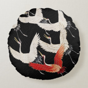 Chinoiserie Vliegende Kraanvogel Zen Minimalistisc Rond Kussen