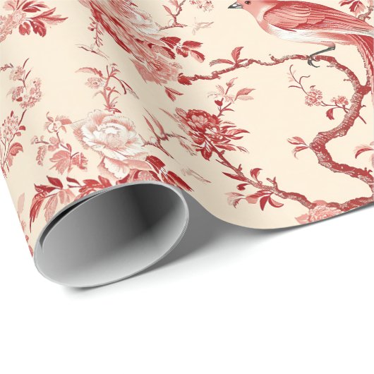 Chinoiserie Vogel Aziatisch Bloemen Rood Roze Deco Cadeaupapier (Rol Hoek)