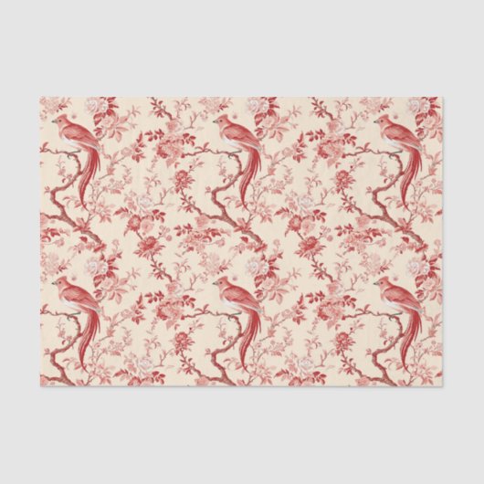 Chinoiserie Vogel Aziatisch Bloemen Rood Roze Deco Tissuepapier (Voorkant)