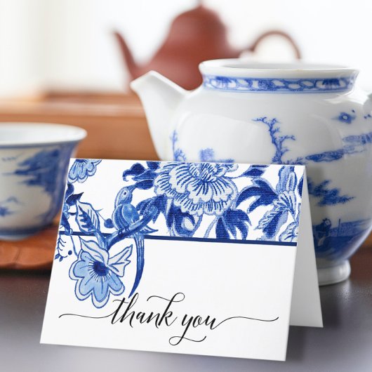 Chinoiserie Vogel Bloem Blauw Wit Bruiloftsshow Bedankkaart