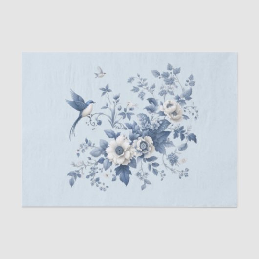 Chinoiserie Vogel en Bloem Blauw Tissuepapier (Voorkant)