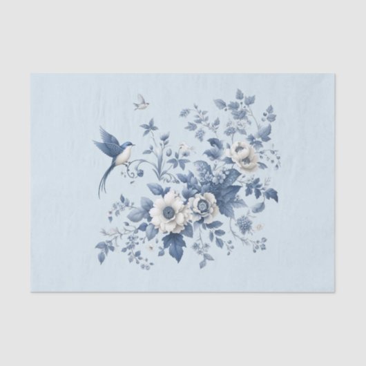 Chinoiserie Vogel en Bloemenblauw Tissuepapier (Voorkant)