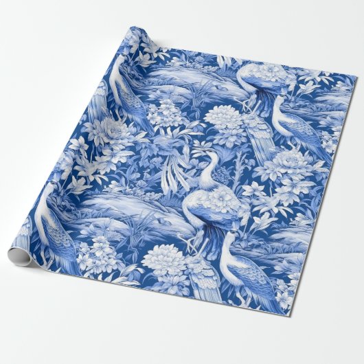 Chinoiserie Vogels Blauw Wit Schilderij Cadeaupapier (Uitgerold)