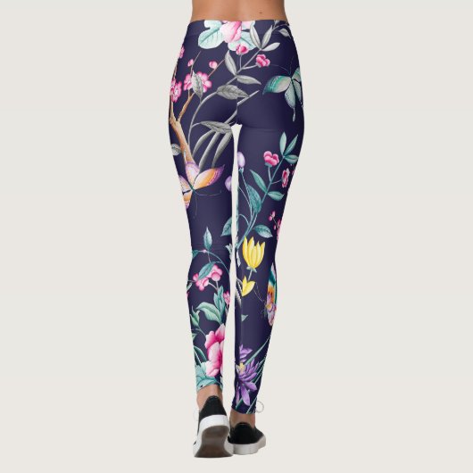 Chinoiserie vogels en bloemen middernacht blauwe l leggings (Achterkant)
