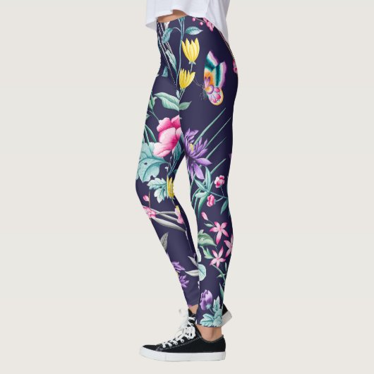 Chinoiserie vogels en bloemen middernacht blauwe l leggings (Links)