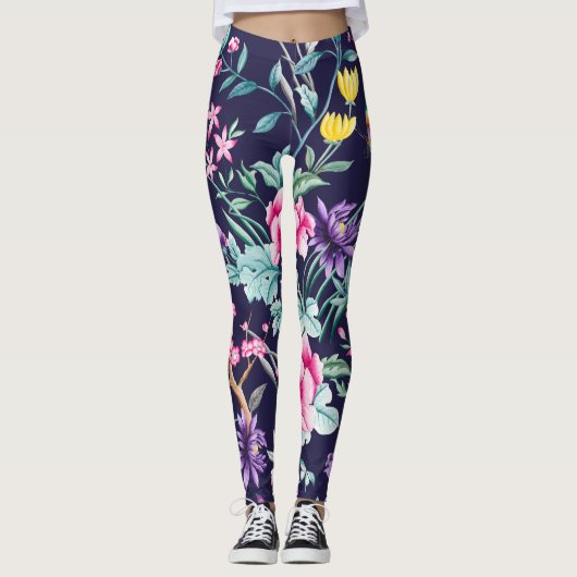 Chinoiserie vogels en bloemen middernacht blauwe l leggings (Voorkant)
