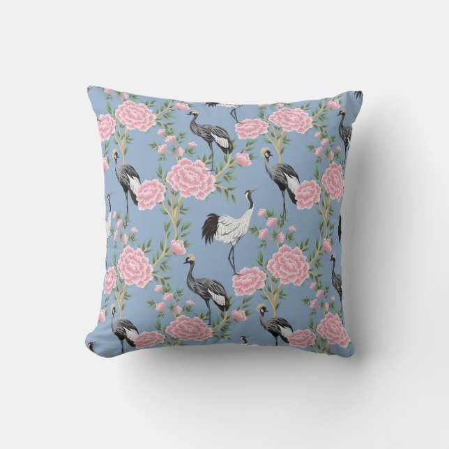 Chinoiserie vogels en bloemen periwinkle blauw kussen (Voorkant)