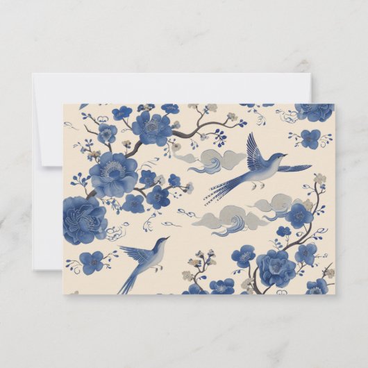 Chinoiserie Vogels Topiary Bruiloft Details Info Kaart (Achterkant)