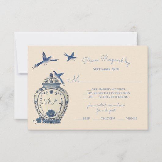 Chinoiserie Vogels Topiary Bruiloft RSVP reactie Kaart (Voorkant)