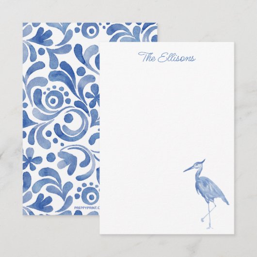 Chinoiserie Waterverf Blue Heron Bird Note Cards Bedankkaart (Voorkant / Achterkant)