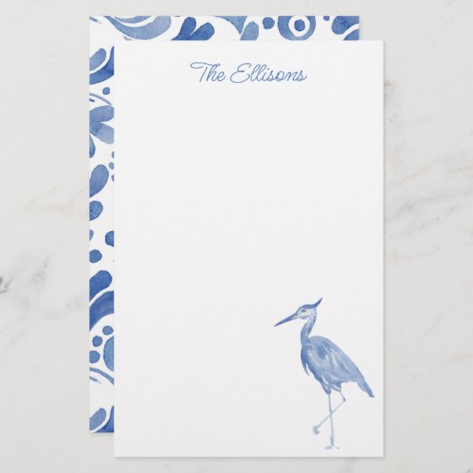 Chinoiserie Waterverf Blue Heron Bird Stationery Briefpapier (Voorkant / Achterkant)