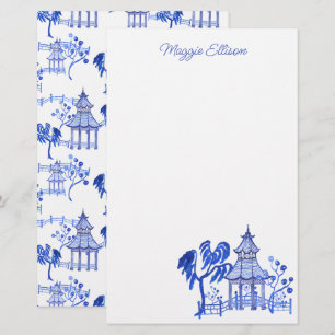 Chinoiserie Waterverf Blue Pagoda Briefpapier