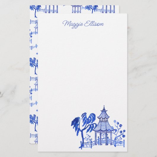 Chinoiserie Waterverf Blue Pagoda Briefpapier (Voorkant / Achterkant)