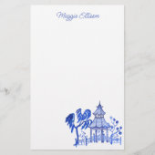 Chinoiserie Waterverf Blue Pagoda Briefpapier (Voorkant)