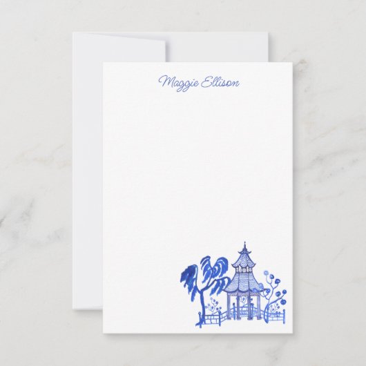 Chinoiserie Waterverf Blue Pagoda Note Cards Bedankkaart (Voorkant)