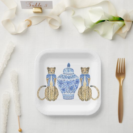 Chinoiserie Waterverf Bow Cheetah Ginger Jar Papieren Bordje (Huwelijk)
