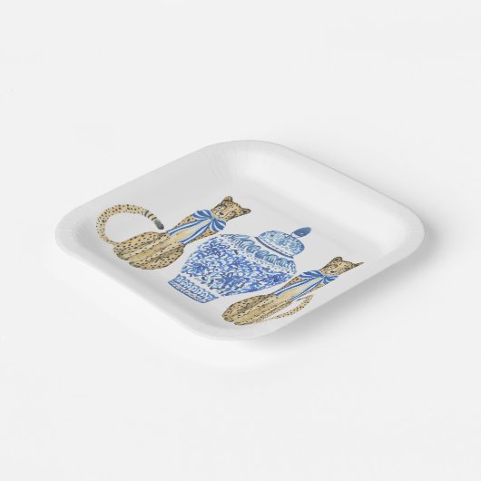 Chinoiserie Waterverf Bow Cheetah Ginger Jar Papieren Bordje (Gebogen)