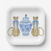 Chinoiserie Waterverf Bow Cheetah Ginger Jar Papieren Bordje (Voorkant)