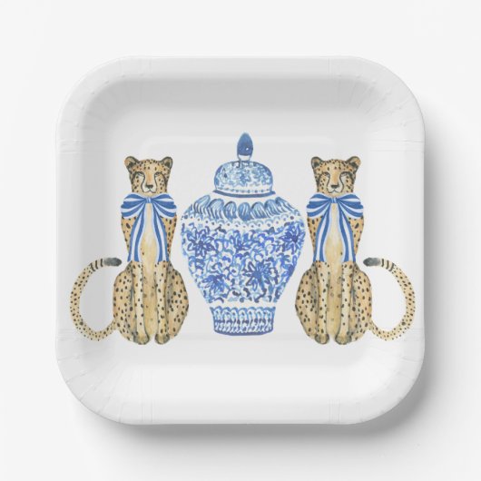 Chinoiserie Waterverf Bow Cheetah Ginger Jar Papieren Bordje (Voorkant)
