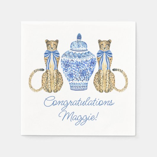 Chinoiserie Waterverf Bow Cheetah Ginger Jar Servet (Voorkant)