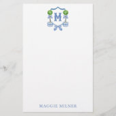 Chinoiserie Waterverf Bow Topiary Monogram Crest Briefpapier (Voorkant)