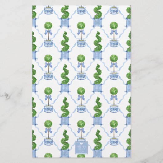 Chinoiserie Waterverf Bow Topiary Monogram Crest Briefpapier (Achterkant)