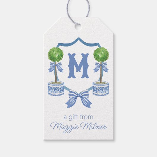 Chinoiserie Waterverf Bow Topiary Monogram Crest Cadeaulabel (Voorkant)