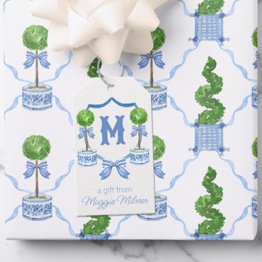 Chinoiserie Waterverf Bow Topiary Monogram Crest Cadeaulabel