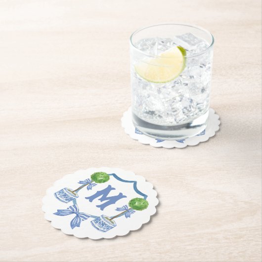 Chinoiserie Waterverf Bow Topiary Monogram Crest Kartonnen Onderzetters (Insitu)