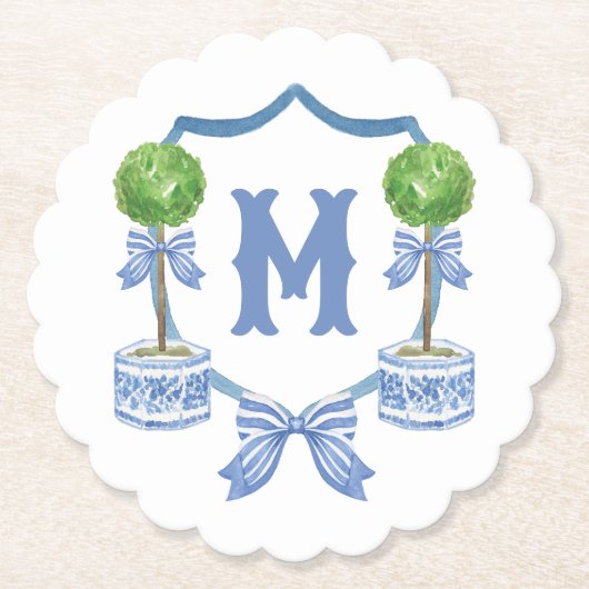 Chinoiserie Waterverf Bow Topiary Monogram Crest Kartonnen Onderzetters (Voorkant)