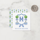 Chinoiserie Waterverf Bow Topiary Monogram Crest Notitiekaartje (Voorkant / Achterkant in situ)